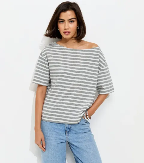 Grey Striped Jersey Off The Shoulder Top