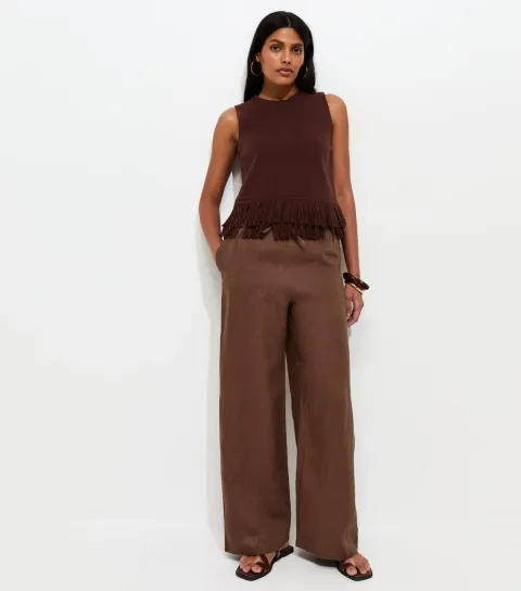 Dark Brown Pure Linen Wide Leg Trousers