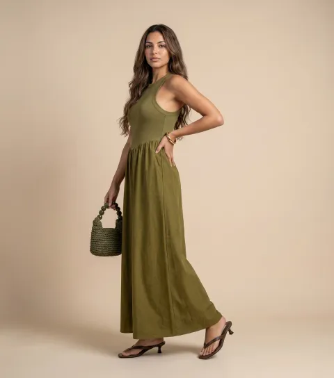 Light Khaki Ribbed Poplin Midi Dress