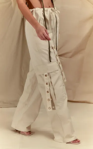Cream Ring Detail Drawstring Cargo Trousers