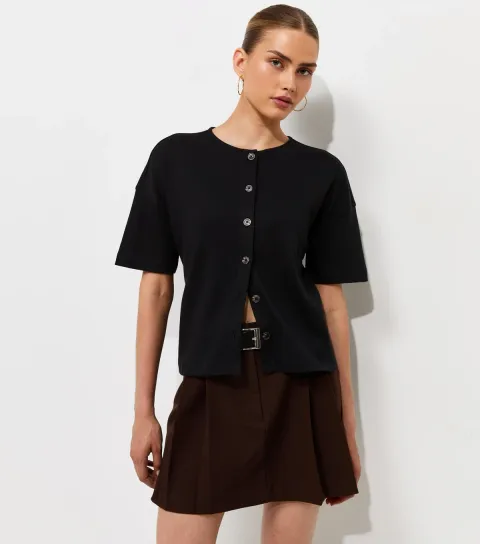 Premium Black Heavyweight Cotton Button Through T-Shirt