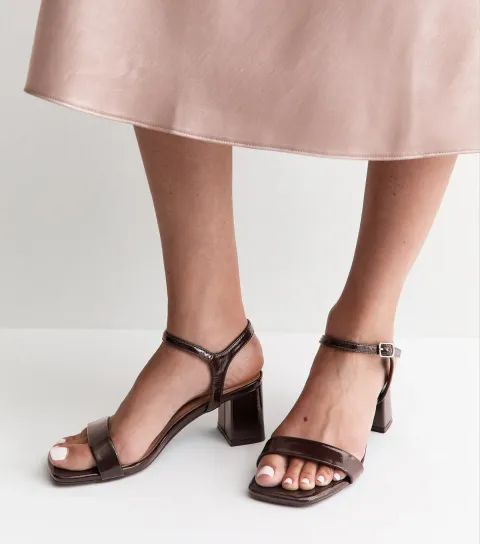 Wide Fit Dark Brown Patent Faux Leather Block Heel Sandals Vegan