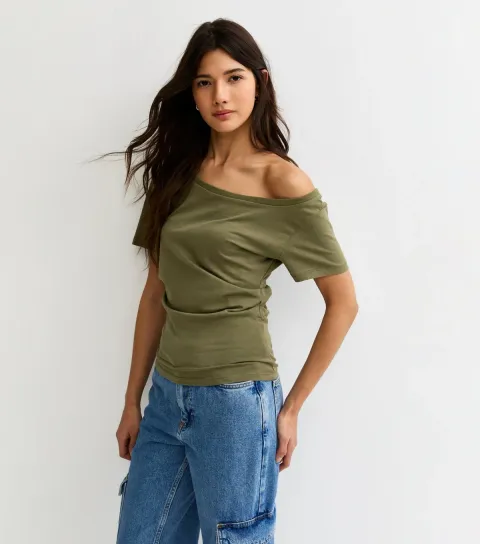 Light Khaki Off The Shoulder Ruched T-Shirt