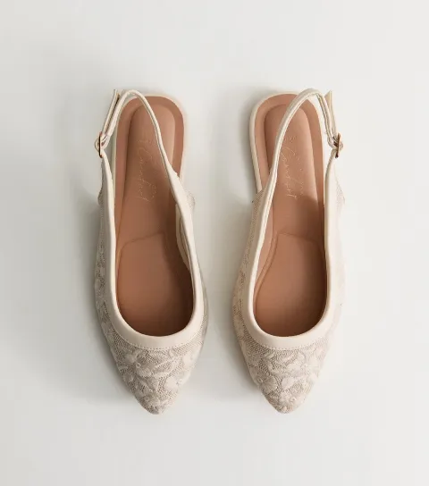 Wide Fit Off White Floral Embroidered Slingback Pumps Vegan