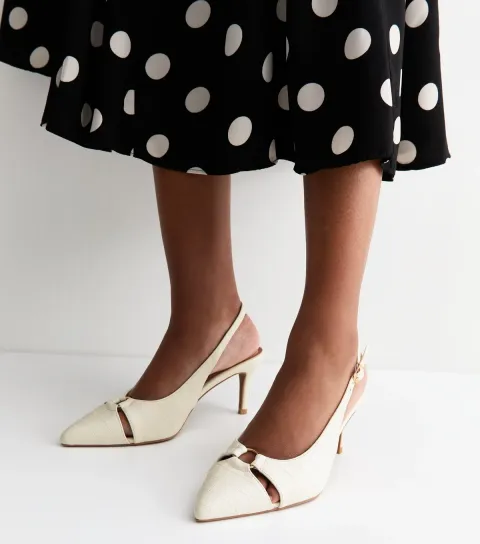 Wide Fit Off White Croc Embossed Slingback Court Shoes Vegan