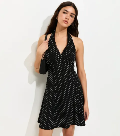 Black Crinkle Texture Spot Print Halter V-Neck Lace Trim Mini Dress