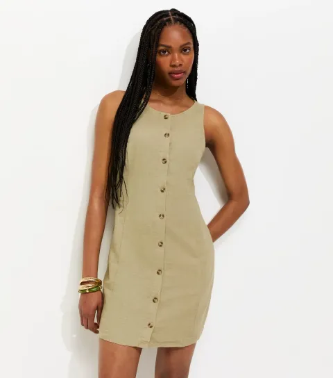 Light Khaki Linen Blend Button Through Mini Dress