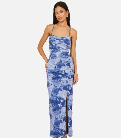 Blue Mesh Ruched Midi Dress