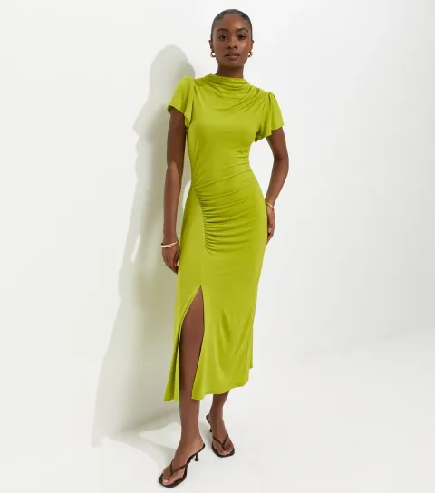 Bright Green Ruched Short Sleeve Midi Dress