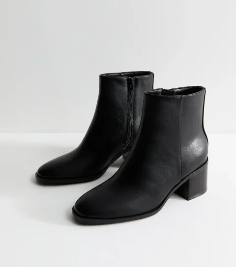 Black Faux Leather Almond Toe Block Heel Ankle Boots Vegan