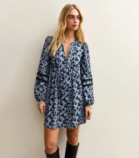 Blue Floral Crinkled Mini Dress