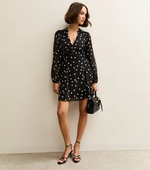 Black Polka Dot Long Sleeve Mini Dress