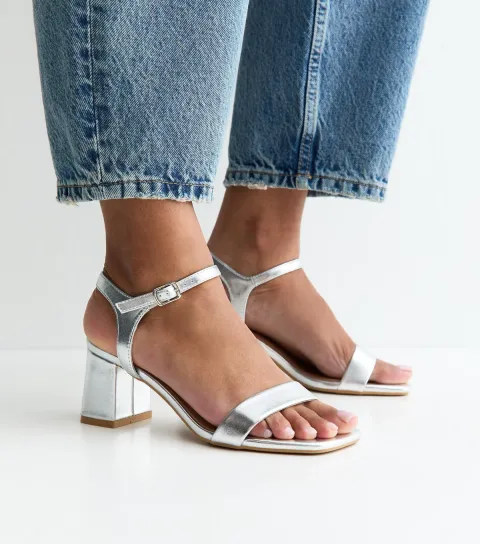 Silver Faux Leather Square Toe Block Heel Sandals Vegan