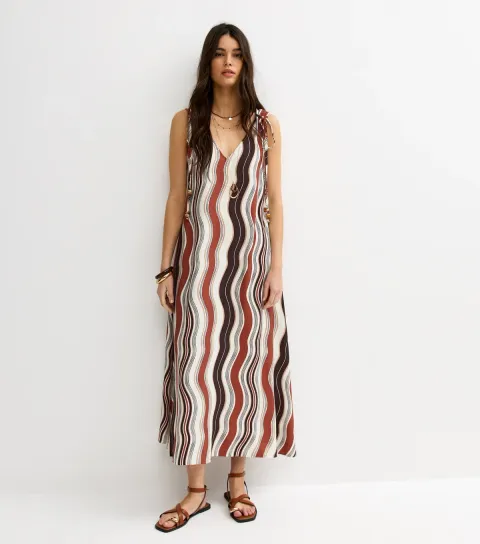 Brown Wavy Print Ruched Shoulder Smock Midi Dress