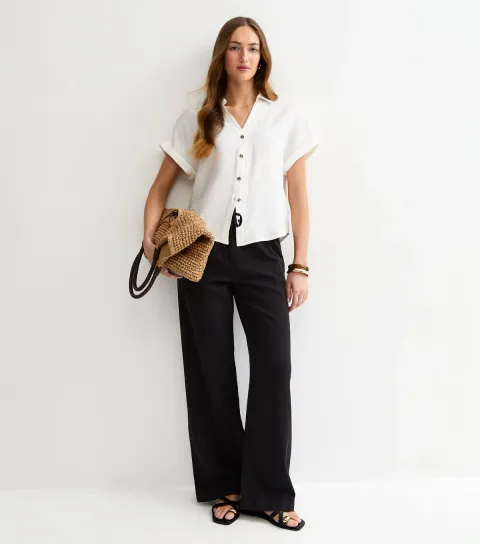 Tall Black Twill Cotton Wide Leg Trousers