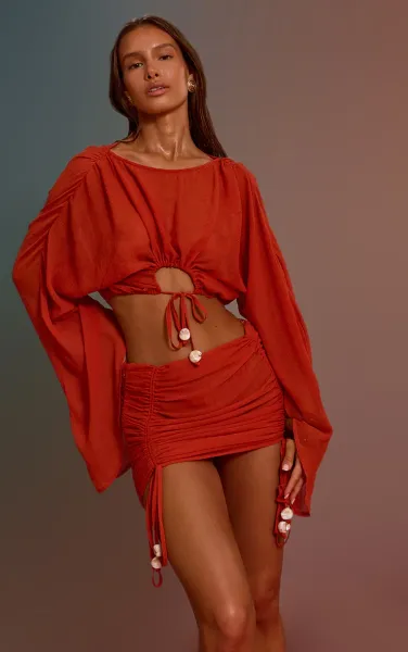Rust Textured Chiffon Long Sleeve Boho Beach Top