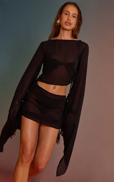 Black Bead Trim Chiffon Beach Skirt