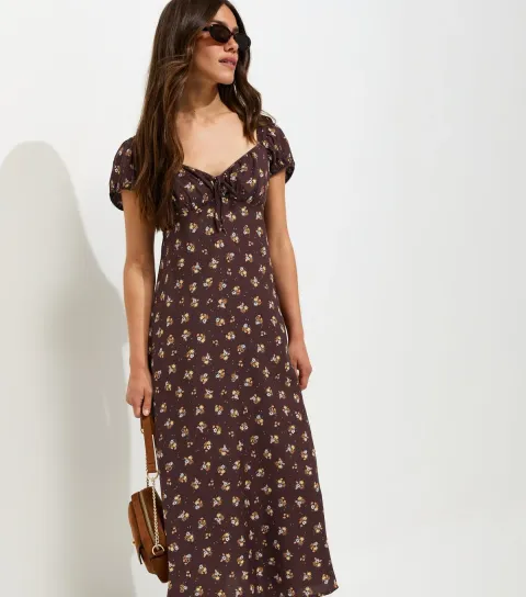 Petite Brown Ditsy Print Milkmaid Midi Dress