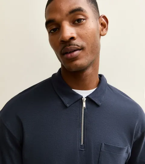 Navy Relaxed Quarter Zip Polo Collar Top