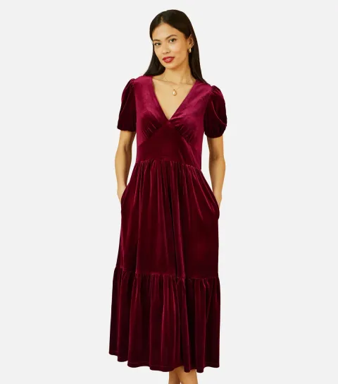 Burgundy Velvet Tiered Midi Dress