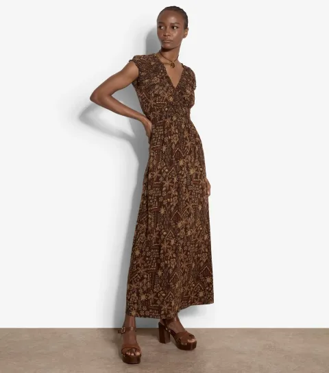 Brown Floral Cap Sleeve Maxi Dress