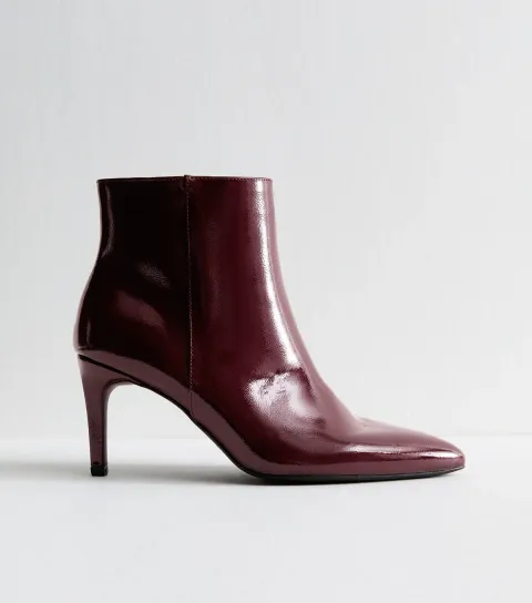 Dark Burgundy Faux Patent Leather Point Toe Ankle Boots Vegan