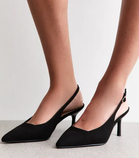 Black Faux Suede Slingback Court Shoes Vegan