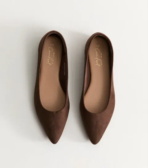 Dark Brown Faux Suede Pointed Toe Ballet Flats Vegan