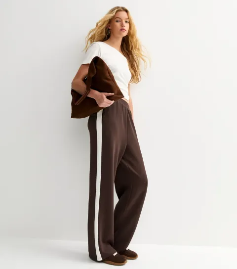 Premium Brown Side Stripe Wide Leg Joggers
