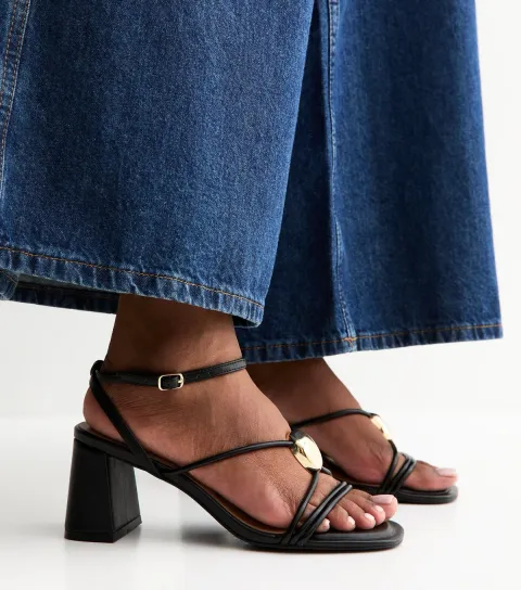 Black Strappy Metallic Detail Block Heel Sandals Vegan