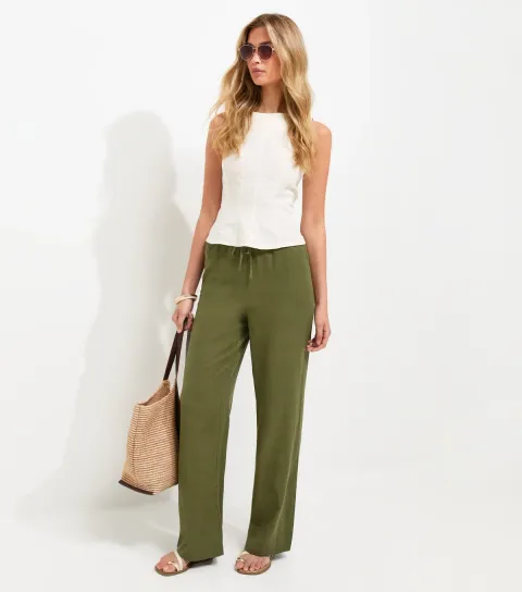 Tall Light Khaki Linen Rich Wide Leg Trousers
