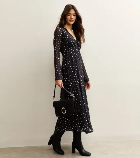Black Polka Dot Mesh Long Sleeve Midi Dress