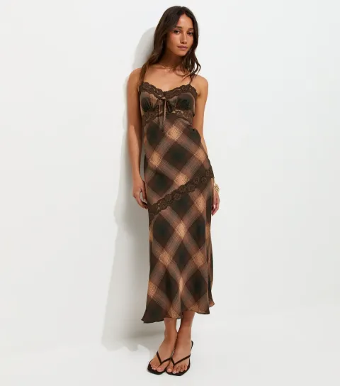 Brown Check Print Lace Trim Strappy Midi Dress