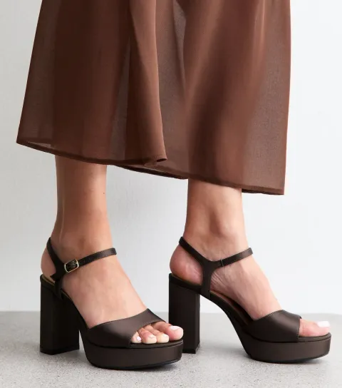 Brown Satin Block Heel Platform Sandals Vegan