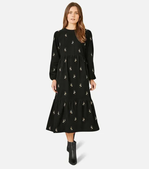 Black Corduroy Floral Embroidered Midi Dress