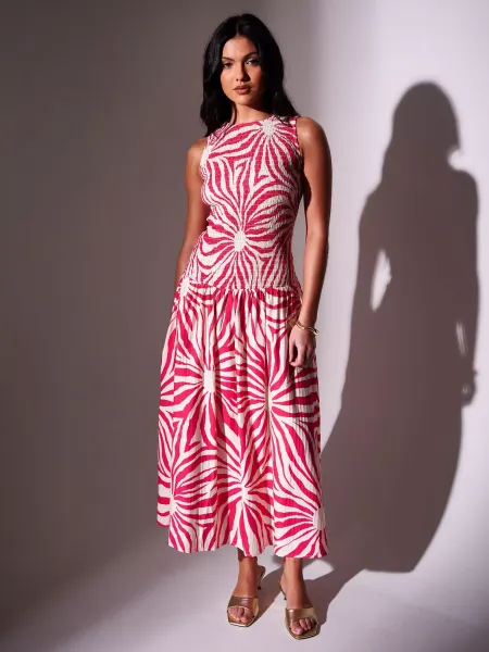 South Beach Sunburst Textured Sleeveless Shirred Drop Waist Maxi Dress