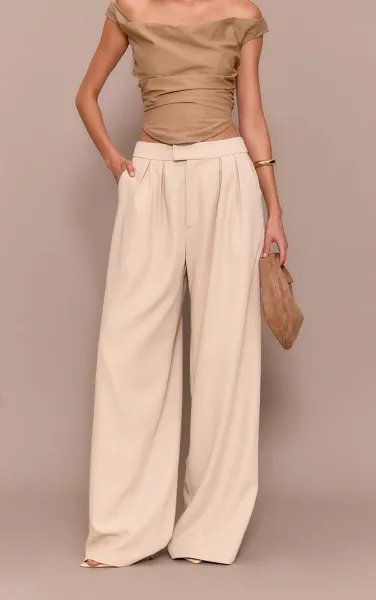 Premium Sand Tailored Pleated Lined Wide Leg Trousers
