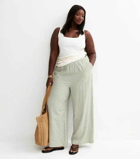 Plus Size Cream Seersucker Striped Wide Leg Trousers Curves