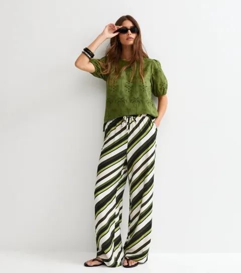 Green Diagonal Stripe Wide Leg Trousers