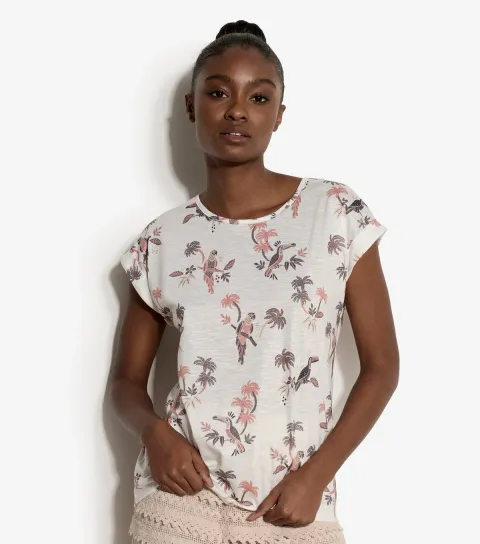White Parrot and Palm Tree Print T-Shirt
