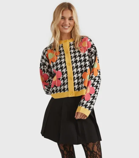Multi Colour Dogstooth Flower Knit Cardigan