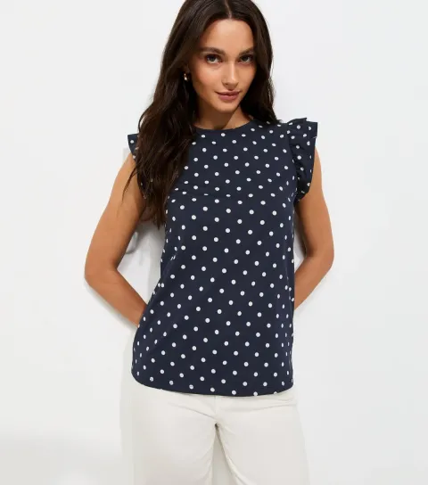 Blue Cotton Polka Dot Ruffled Sleeve T-Shirt