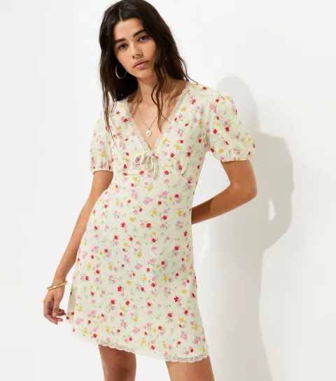 Cream Floral Lace Trim Short Sleeve Mini Dress