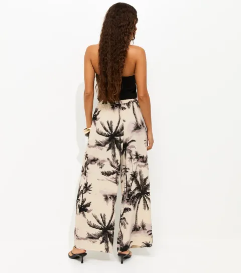 Petite White Palm Tree Print Wide Leg Trousers