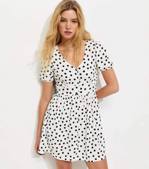 White Polka Dot Button Through Crinkled Mini Dress