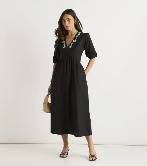 Black Puff Sleeve Floral Embroidered Midi Dress
