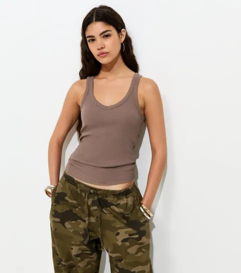 Mink Cotton Rich V Neck Slim Wide Strap Vest Top