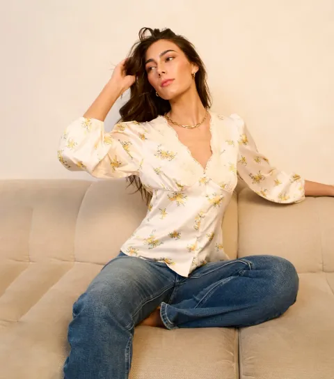 Cream Floral Lace Trim Blouse