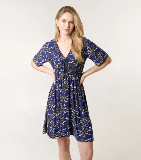Navy Floral V Neck Mini Dress