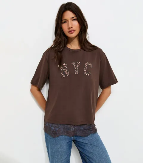 Dark Brown Cotton Leopard Print NYC Lace Trim Boxy T-Shirt